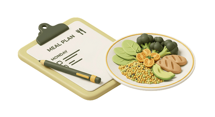 תפריט תזונה מאוזן לירידה במשקל ללא רעב, עם ירקות, חלבונים ודגנים מלאים.